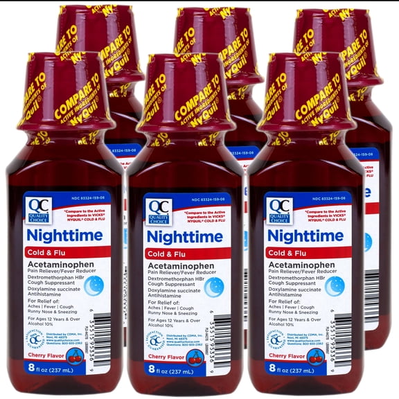 5 Pack - Quality Choice Nighttime Acetaminophen, Cold & Flu Syrup Multi-Symptom Relief, for Adults and Children 12 Years and Older, Cherry Flavor, 8 FL OZ