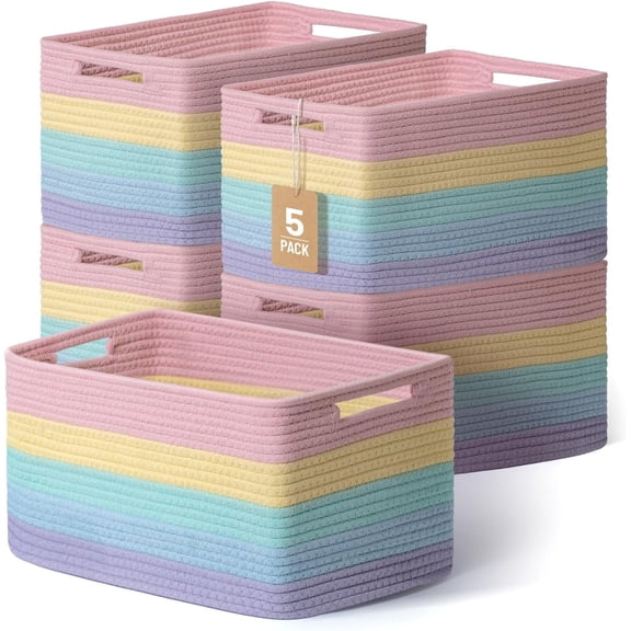 5 Pack Rainbow Woven Storage Baskets for Shelves, Decorative Toy Baskets Organizer for Kids Room, Nursery, Playroom, Classroom – Colorful Cotton Rope Toy Storage Bins for Organizing & Decor