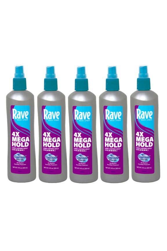 5 Pack Rave 4X Mega Hairspray with Clima Shield Unscented 11oz Each