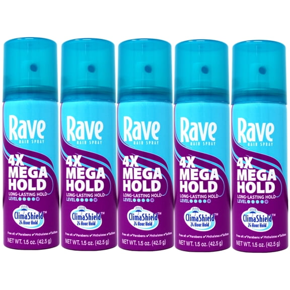 5 Pack - Rave 4X Mega Hold Hair Spray, All-Weather Protection, Travel Size, 1.5 oz