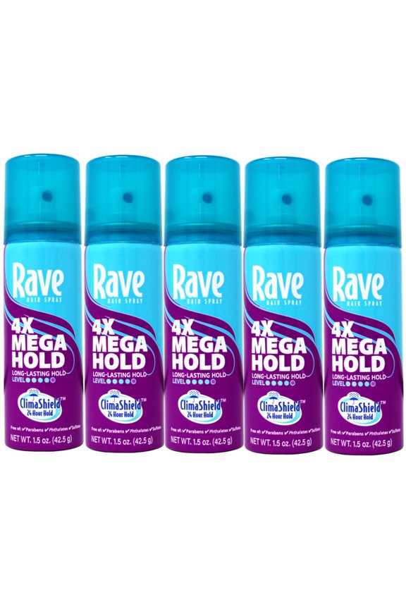 5 Pack - Rave 4X Mega Hold Hair Spray, All-Weather Protection, Travel Size, 1.5 oz