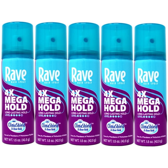 5 Pack - Rave 4X Mega Hold Hair Spray, All-Weather Protection, Travel Size, 1.5 oz