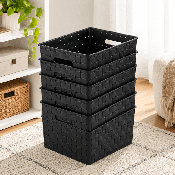 5 Pack Rectangular Woven Plastic Storage Bins, 9.8" L x 7" W x 4.5" H ...