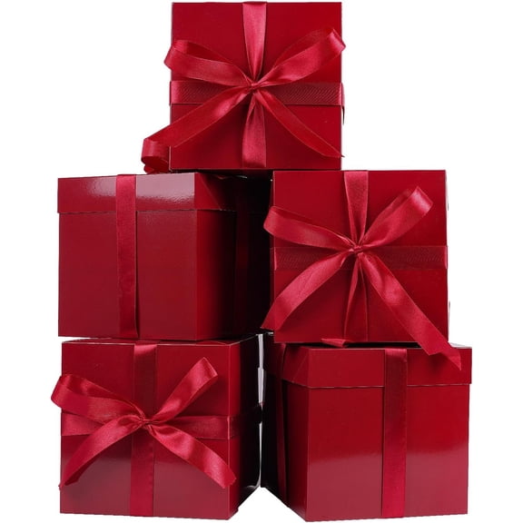 5 Pack Red  Boxes with , Ribbons and Tissue Papers Square  Boxes - 7.1 Inch - Christmas Presents Wrapping, Valentine's Day Decoration Party Favor Boxes.