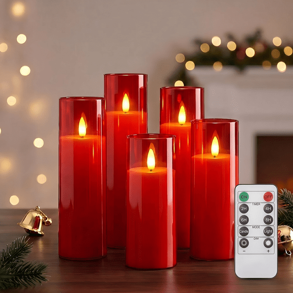 Goyuon 5 Pack Red Flameless LED Cylindrical Candles with Remote Control & Timer, Realistic Flickering Flame, Battery Operated for Weddings, Home Decor & Party