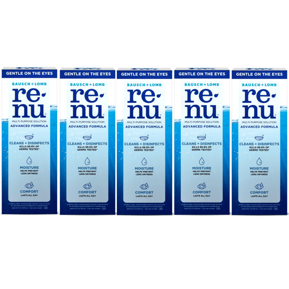5 Pack - Renu Contact Lens Solution, Advanced Formula Multipurpose Lens Cleaner for Eye Contacts, Cleaning, Moisturizing and Disinfecting Care for Soft & Silicon Hydrogel Lenses, 12 Fl Oz