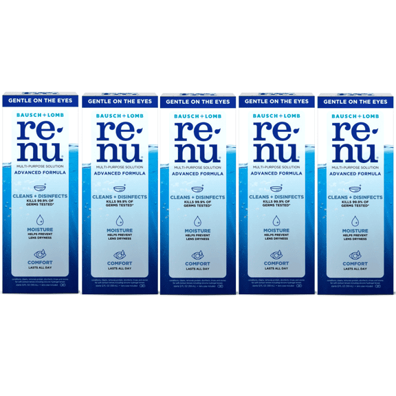 Renu Contact Lens Solution, Advanced Formula Multipurpose Lens Cleaner for Eye Contacts, Cleaning, Moisturizing and Disinfecting Care for Soft & Silicon Hydrogel Lenses, 12 Fl Oz (Pack of 5)