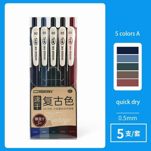 5-Pack Retractable Colored Gel Pens, Quick Dry Ink 0.5mm Vintage Pen, for Planner Drawing