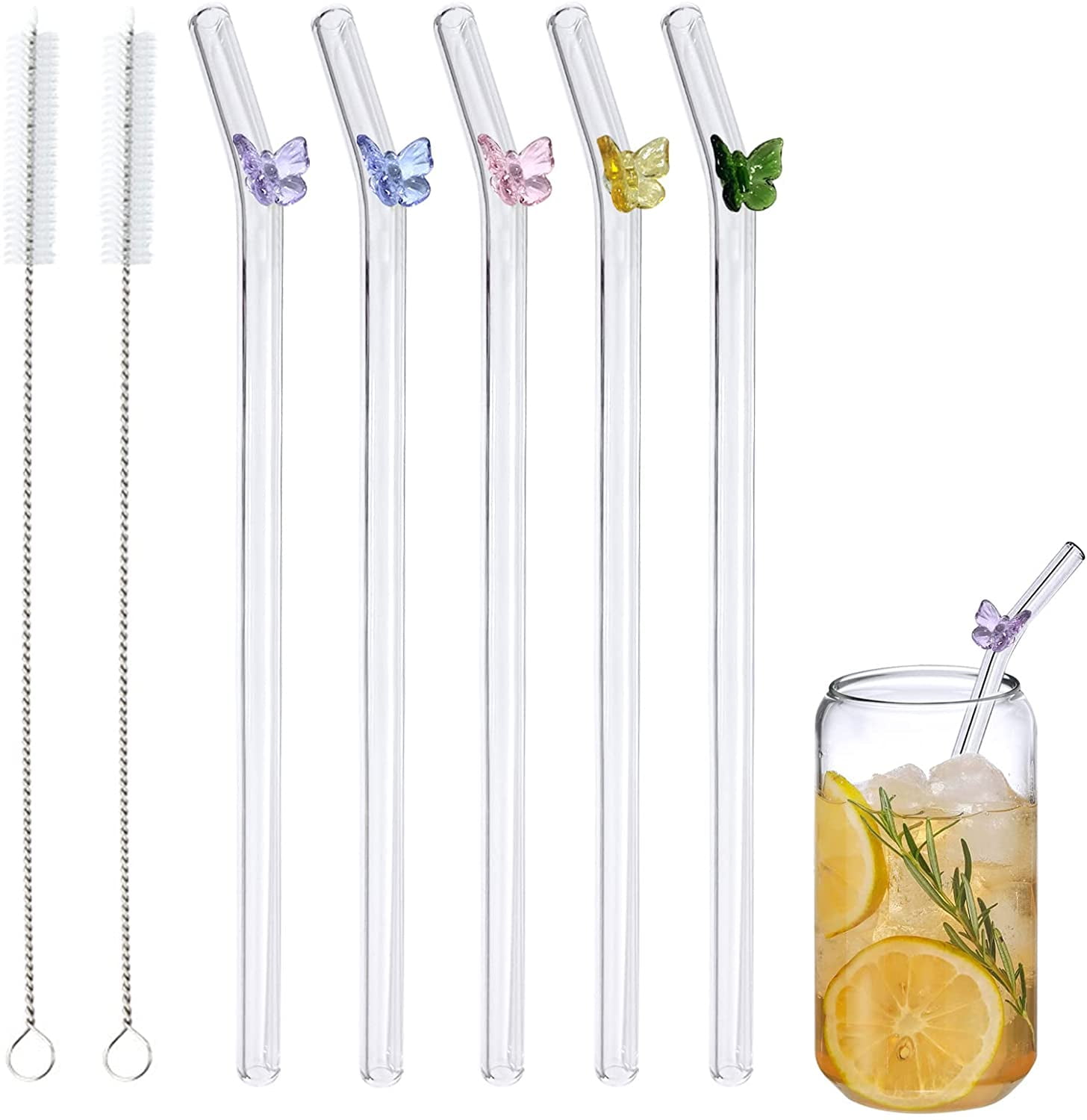 9 Pcs Reusable Glass Straws with Design 8 mm x 7.9 Inch Colorful Cherry on  Clear Straw Bent Glass Cherry Straws with Cleaning Brush for Cocktail Juice  Shakes Beverages Cocktails : : Home