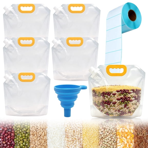 5 Pack Reusable Grain Storage Bags, Airtight Moisture-Proof Stand Up Food Pouches with Handle and Screw Cap, Large Leak-Proof Cereal Containers with Funnel for Rice, Beans, Flour 1.5/2.5L