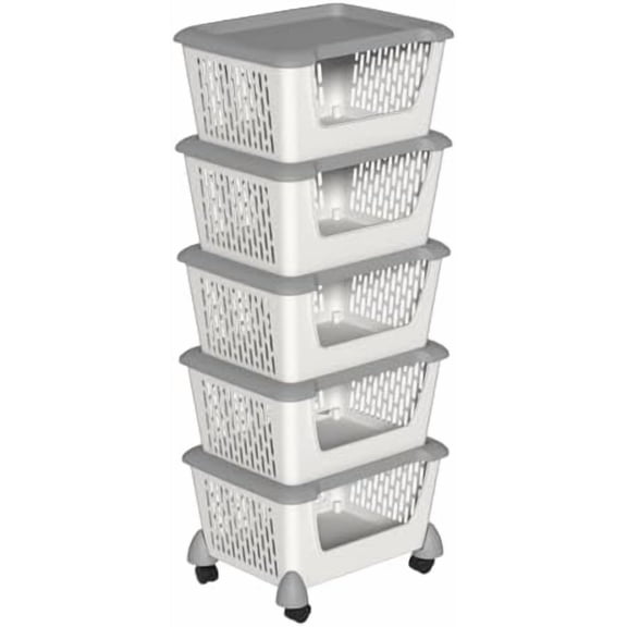 5-Pack Rolling Storage Baskets with Wheels, 5-Tier Stackable Plastic Baskets, Grey$$Home Decor, Kitchen, & Other
