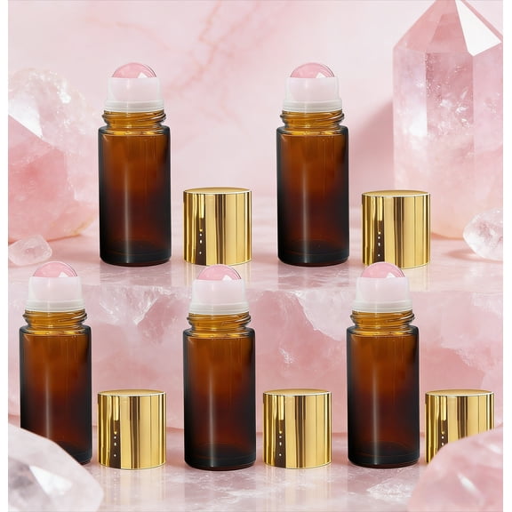 5 Pack Rose Quartz Roller Bottles, 50ml Refillable Amber Glass with Gold Caps, Leak-Proof for Essential Oils