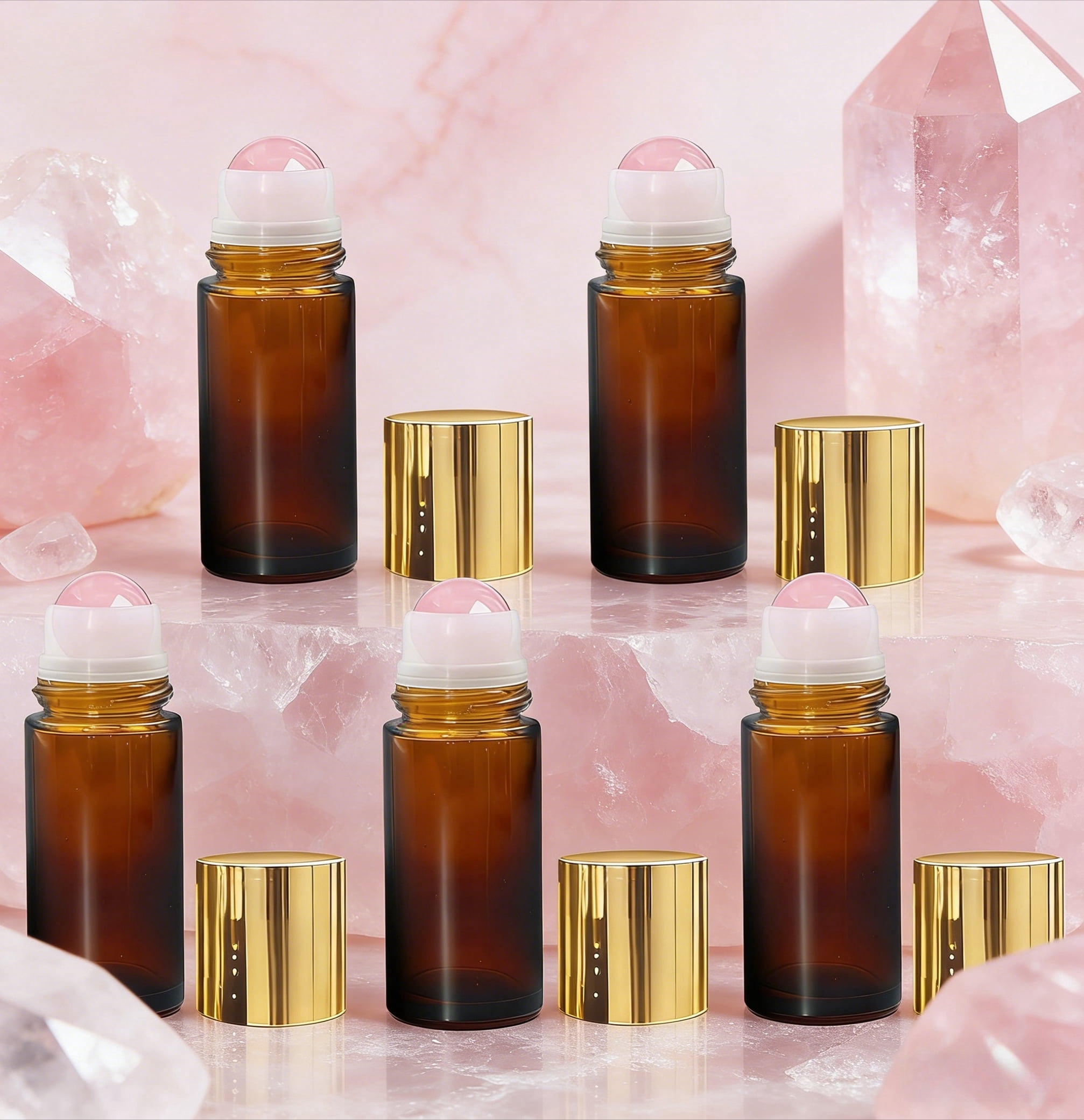 5 Pack Rose Quartz Roller Bottles for Essential Oils, 50ml Refillable Amber Glass Roll On Bottles with Natural Crystal Roller Balls, Leak-Proof Travel Perfume Bottle with Gold Caps