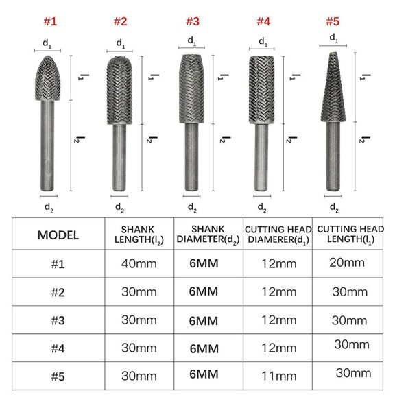 5 Pack Rotary Rasp Bits for Steel Grinding Carving Milling Filing Shaping 6mm Shank High Carbon Steel Metal Drill Accessories 6cm Length Set
