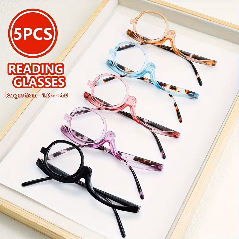 5 Pack Rotating Lens Reading Glasses for Makeup and Reading, Magnifying Presbyopia Glasses for Women, +1.00 to +4.00 Magnification, Cosmetic Eyewear