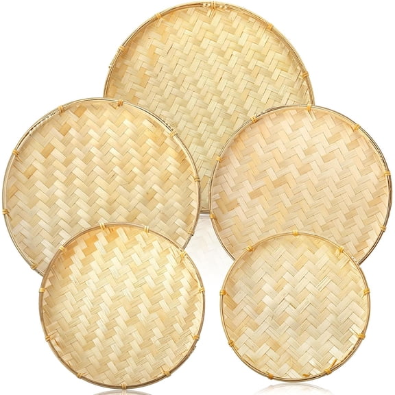 5 Pack Round Bamboo Serving Trays, Decorative Flat Wicker Baskets, Handwoven Shallow Wicker Organizers for Food Storage, Fruit, Snacks, Kids DIY Drawing, Wall Hanging Decoration