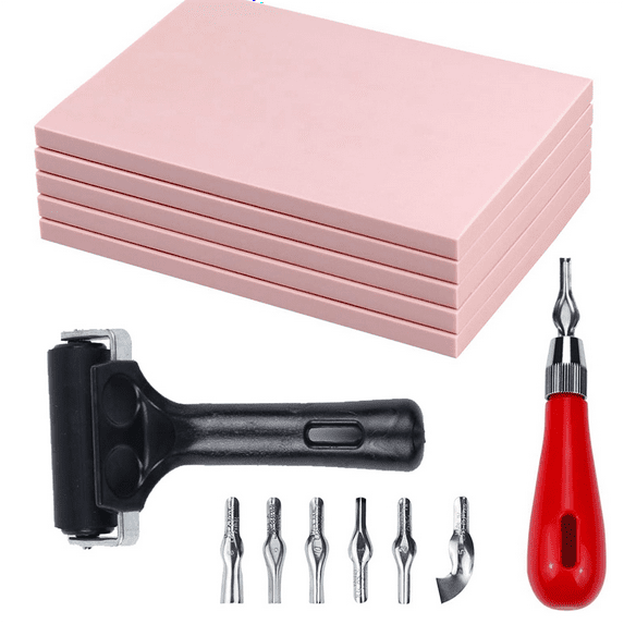 5 Pack Rubber Block Stamp Carving Blocks with Cutter Tools and Rubber Brayer Roller for Printmaking and More Crafts