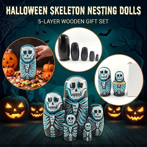 5 Pack Russian Nesting Dolls Halloween Skeleton Decorations 6 X 3 Inch Wooden Spooky Halloween Decor for Home Indoor Halloween Decorations