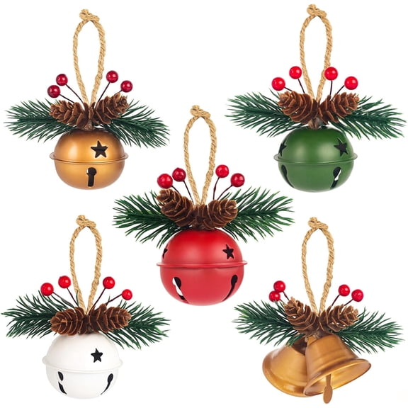 5 Pack Rustic Christmas Bell Ornaments with Pinecones & Berries - Metallic Hanging Decor for Christmas Tree,Mantel,Home
