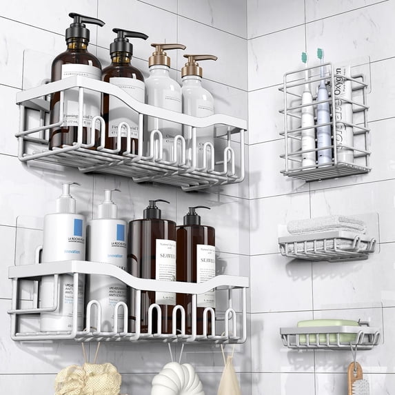 5-Pack Rustproof Stainless Steel Shower Caddy Set– No Drill Adhesive ...
