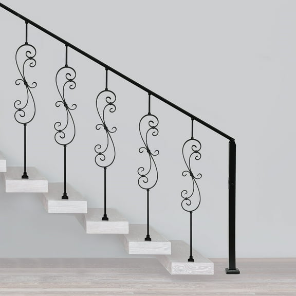5-Pack S-Shape Iron Balusters, 44in Hollow Scroll Design Black Finish, 180 Swivel Base, for Interior Stair Railing and Home Decor