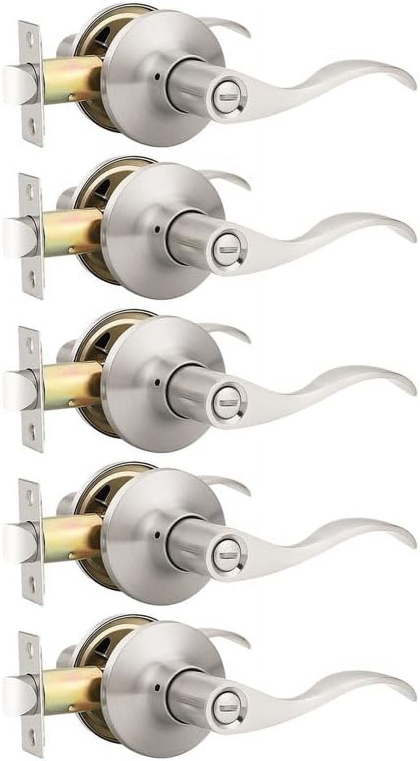 5 Pack Satin Nickel Privacy Door Lever, Modern Interior Door Knobs Locks for Bedroom and Bathroom, Heavy Duty Door Handle, Reversible Wave Lever Handle