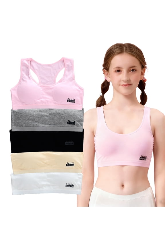 Pack of 5 Girls' Training Bra Tops 9-14 Years, Seamless Cotton Racerback, Soft Sports Bra Starter, Breathable Thin Comfortable