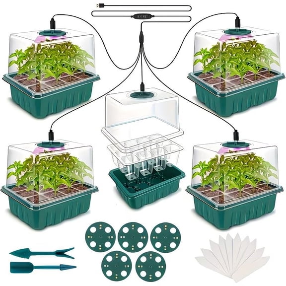 5-Pack Seed Starter Kit with LED Grow Lights Indoor Propagation Trays with Adjustable Humidity Dome & Clear Seedling Trays Mini Greenhouse Seed Starting Set for Plants Vegetables Herbs Flowers