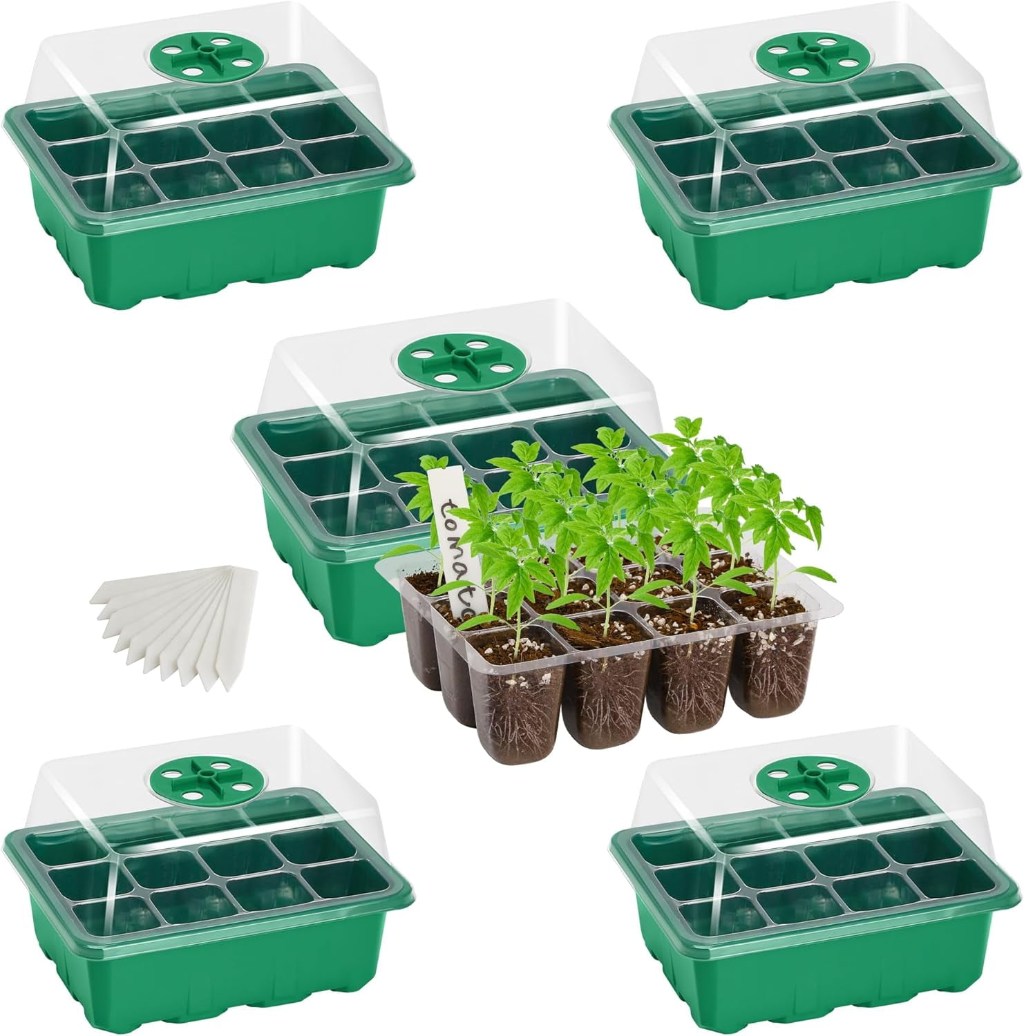 5-Pack Seed Starter Tray Seedling Kits,Plant Starter Kit with Adjustable Humidity Dome and Base Indoor Greenhouse Mini Propagator for Seeds Growing Starting (12 Cells per Tray,Black)