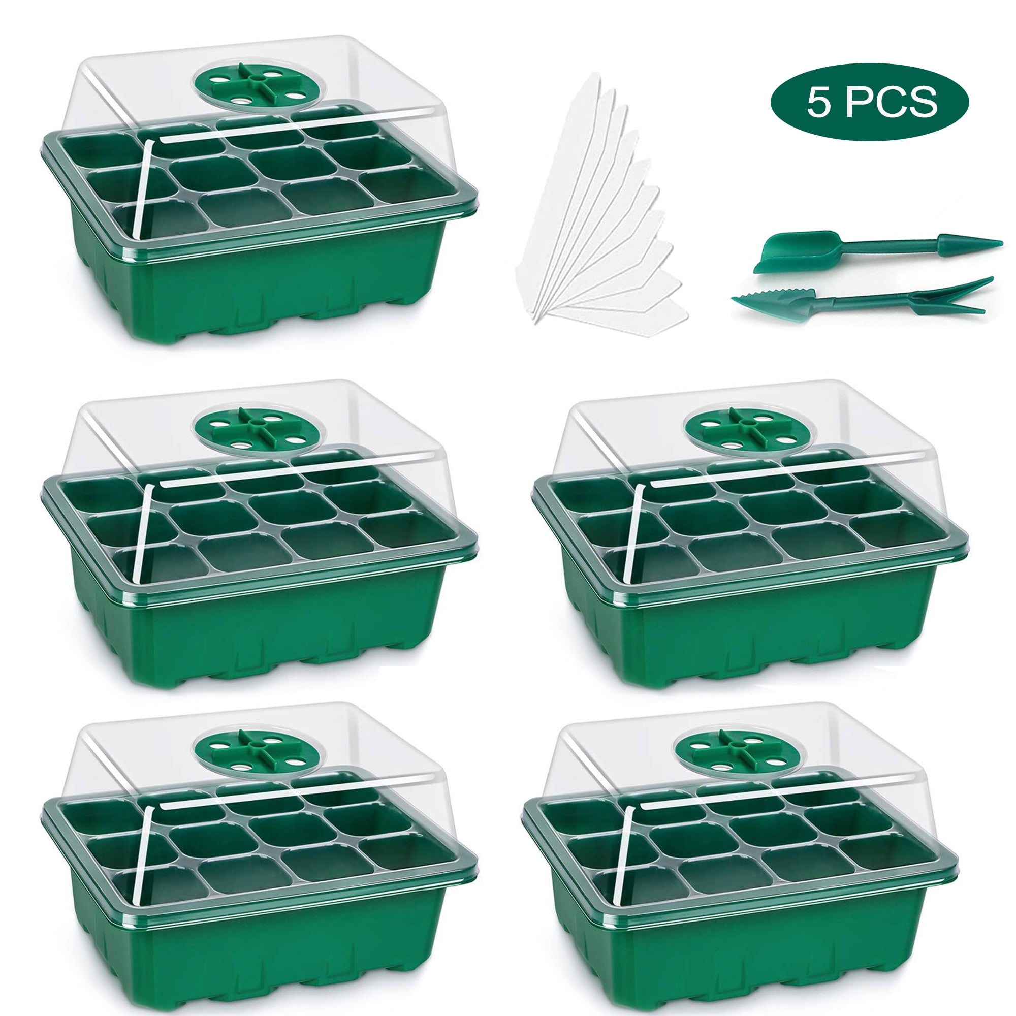 5Pack Seed Starter Trays Adjustable Humidity Dome, 60 Cells