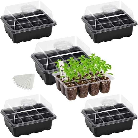 5-Pack Seed Starter Trays, Seed Starter Kit with Adjustable Humidity Dome and Base Indoor Greenhouse Mini Propagator for Seeds Growing Starting (12 Cells Per Tray, Green)