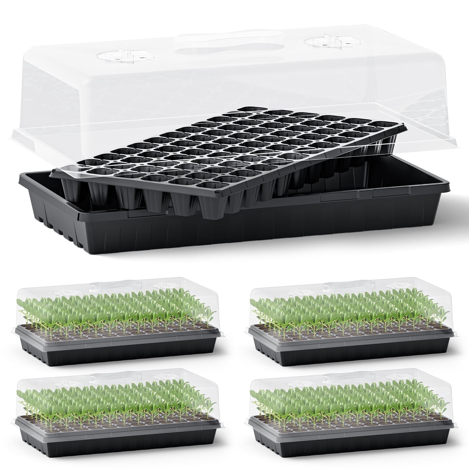 5-Pack Seed Starter Trays Set – Includes 1020 Trays (No Holes) + 72-Cell Deep Plug Trays (2.44" Deep) + 5" Clear Humidity Domes for Vegetables, Herbs, Flowers