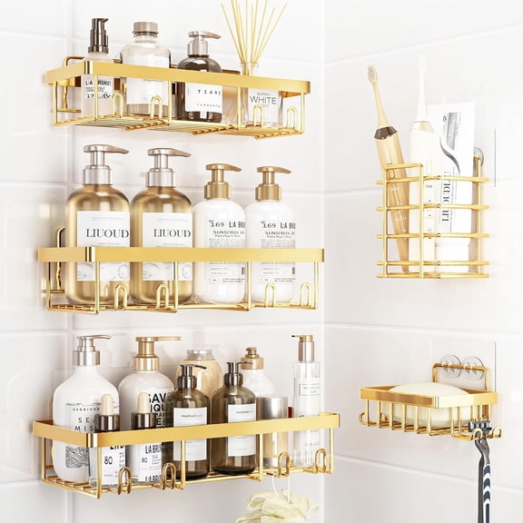 5 Pack Self Adhesive Shower Caddy Organizer Rack for Inside Shower, Rustproof Stainless Steel Wall Mount Storage Basket Shampoo Holder Bathroom Accessory Decor Set, Gold
