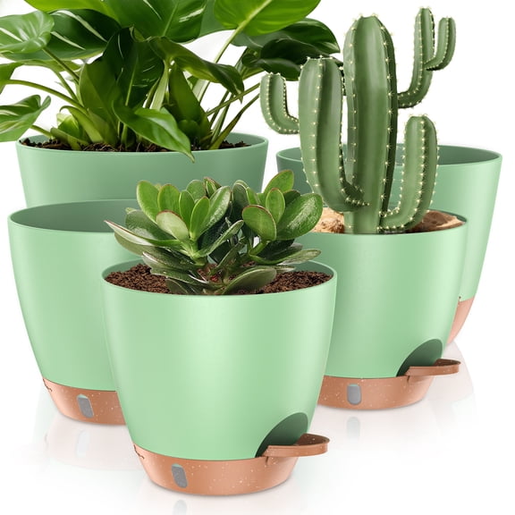 5 Pack Self Watering Plant Pots, 10/9/8/7.5/7 Inch Large Plastic Planters with Drainage Holes, Water Level Indicator & Deep Reservoir, Flower Pots for Indoor Outdoor Garden Plants(Green)