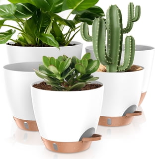 5 Pack Self Watering Plant Pots, 10/9/8/7.5/7 Inch Large Plastic Planters with Drainage Holes, Water Level Indicator & Deep Reservoir, Flower Pots for Indoor Outdoor Garden Plants(White)