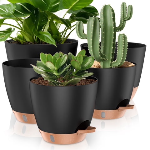 5 Pack Self Watering Plant Pots, 10/9/8/7.5/7 Inch Large Plastic Planters with Drainage Holes, Water Level Indicator & Deep Reservoir, Flower Pots for Indoor Outdoor Garden Plants（Black）