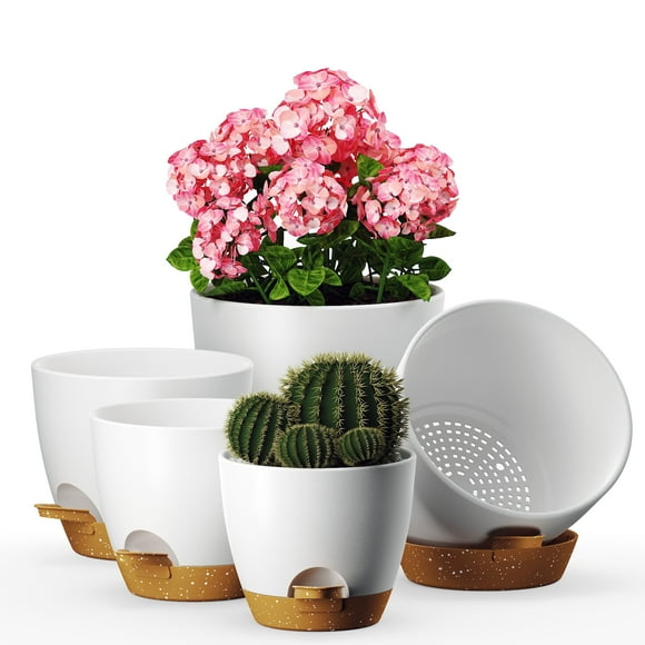 5 Pack Self Watering Plant Pots, Indoor Flower Pots with Drainage & Saucers, Plastic Self Watering Planter for Indoor Outdoor Plants, Flower Pots for Indoor Plants 7/6.5/6/5.5/5 inch (White)