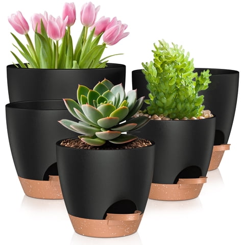 5 Pack Self Watering Plant Pots, Plastic Planters with Drainage Holes and Saucers, Flower Pots for Indoor Outdoor Garden Plants, 7/6.5/6/5.5/5 Inch（Black）