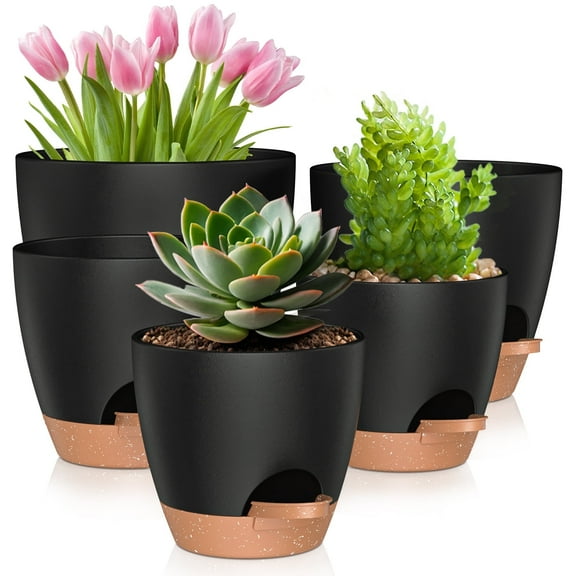 5 Pack Self Watering Plant Pots, Plastic Planters with Drainage Holes and Saucers, Flower Pots for Indoor Outdoor Garden Plants, 7/6.5/6/5.5/5 Inch(Black)