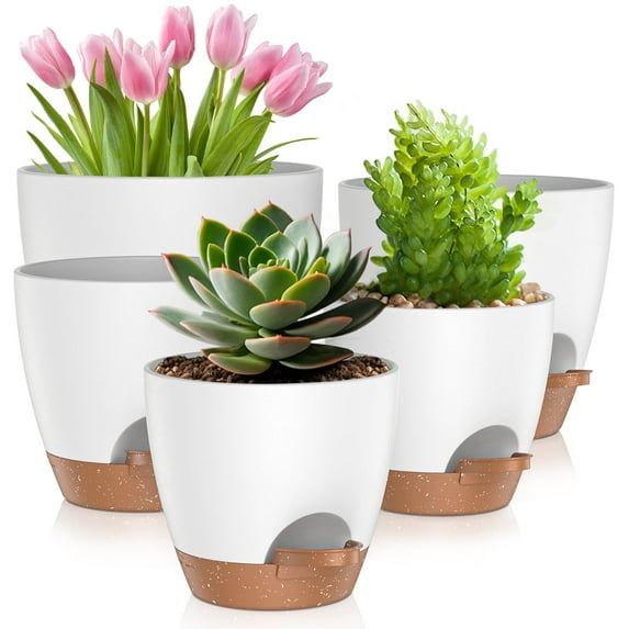 5 Pack Self Watering Plant Pots, Plastic Planters with Drainage Holes and Saucers, Flower Pots for Indoor Outdoor Garden Plants, 7/6.5/6/5.5/5 Inch(White)