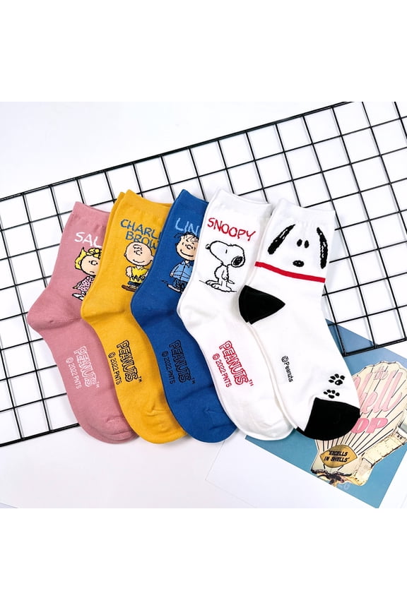 5 Pack Set, Snoopy Peanuts Pattern, Women Men Unisex Crew Socks with Gift Pouch