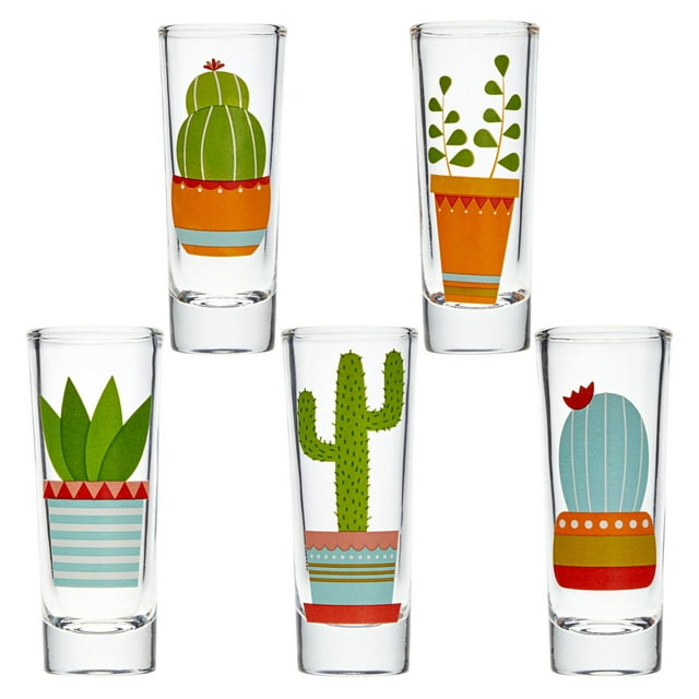 5 Pack Shot Glasses Set with Cactus Designs for Bachelorette, Fiesta Supplies, Western-Themed Party, Round, Decorative Shot Glasses with Heavy Base for Tequila, Whiskey, Vodka (2 oz)