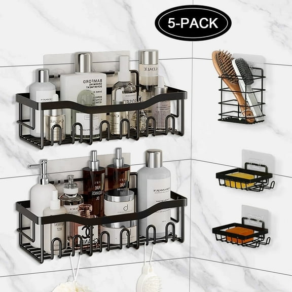 5 Pack Adhesie Capacity Bathroom Organization Storage Accessories, No Drilling Wall Mounted Shower Shelves Rack,Black