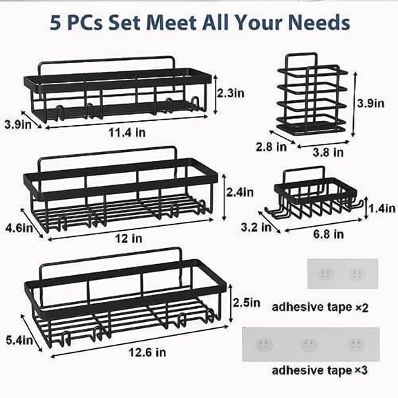 5 Pack Shower Caddy Organizer Rack Shelf for Inside Shower, Adhesive Bathroom Wall Storage Basket Rustproof Stainless Steel Shampoo Holder, Bathroom Accessory Decor Set, Black.