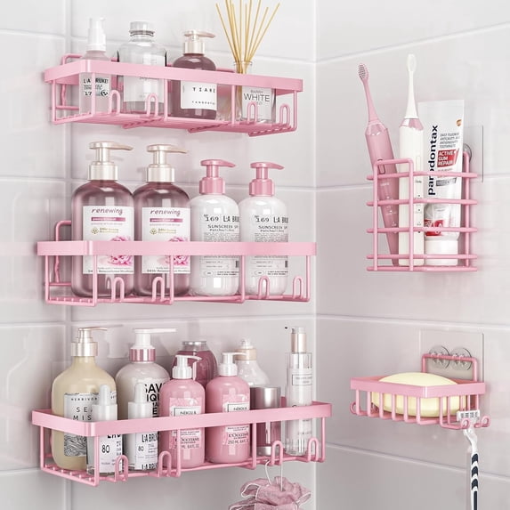 Shower Caddy Adhesive, Shower Rack Shelf, Bathroom Shower Storage Organizer, Large Capacity No-Drill Rustproof Stainless Steel, Girly Bathroom Accessory Decor Set, Pink