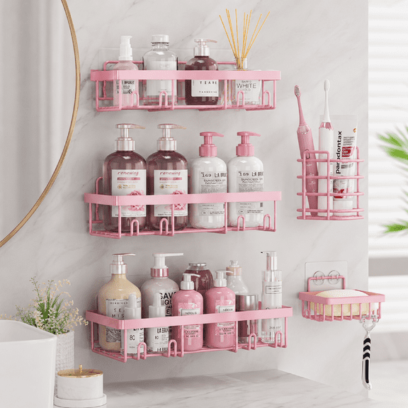 Shower Caddy 5 pack Stainless Steel Pink Adhesive Rustproof Bathroom Shelf Soap Toothbrush Holder