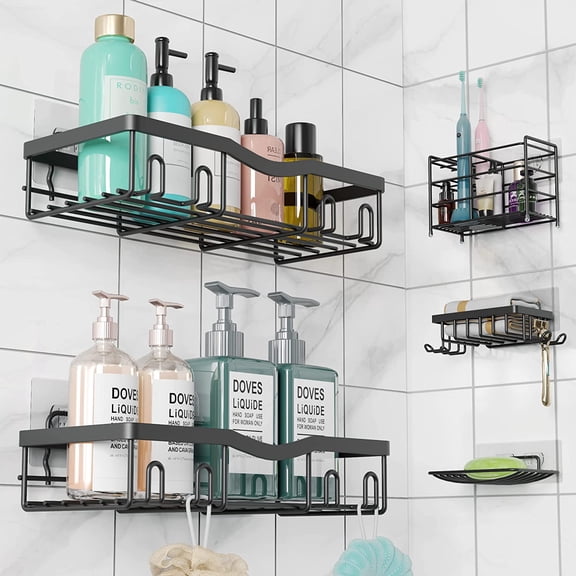 5 Pack Shower Caddy, Strong Adhesive Shower Organizer Shelf with Hooks.Shower Shelves for Kitchen, Dorm and Bathroom Organizer. No Drilling (Black)