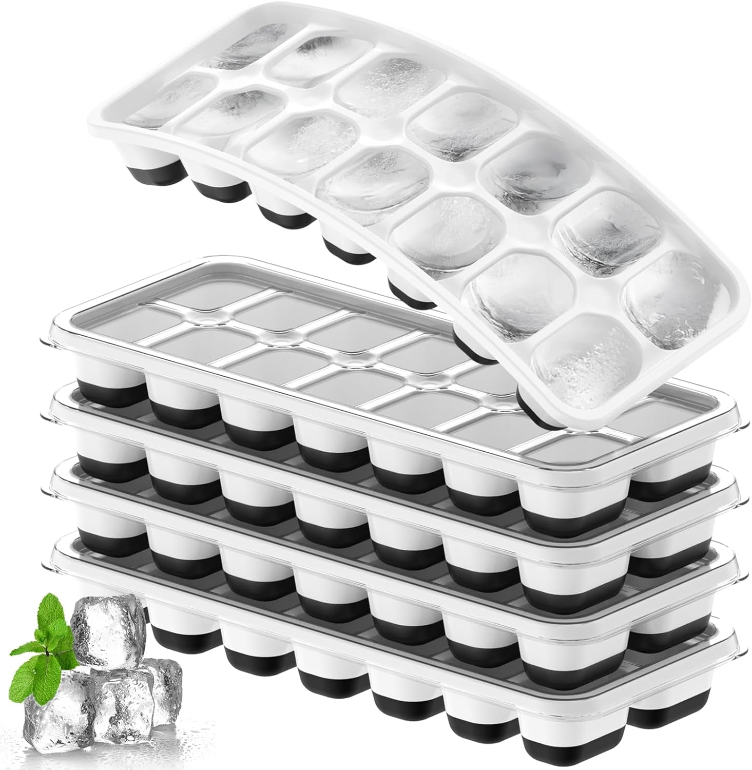 5-Pack Silicone Ice Cube Trays with Lids – 70 Cubes (14 per Tray), Easy-Release, Stackable, BPA-Free – For Cocktails/Coffee/Whiskey – Black