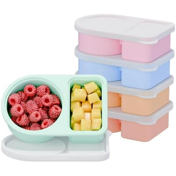 5 Pack Silicone Snack Containers, 2 Compartments Reusable Snackle Box with Lids, 8 oz, Rainbow$$Home Decor, Kitchen, & Other