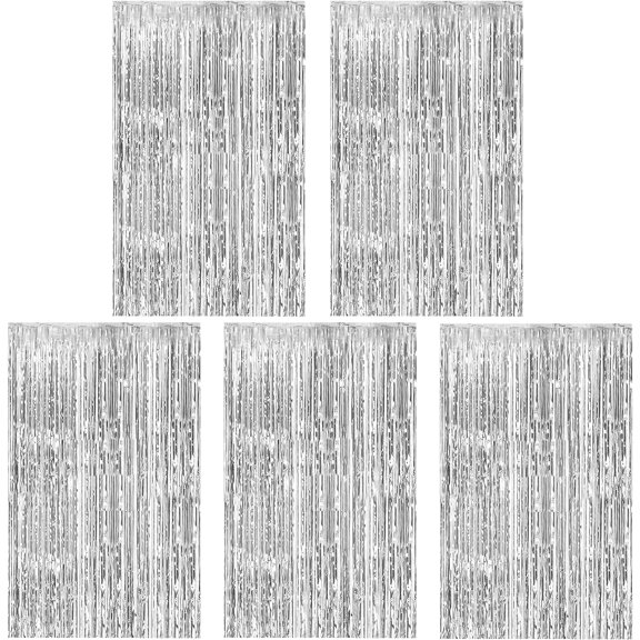 5 Pack Silver Foil Curtain Backdrop Metallic Tinsel Foil Fringe Curtains Photo Booth Props for Birthday Wedding Engagement Bachelorette Christmas Holiday Celebration Party Decorations Supplies 5pc-S